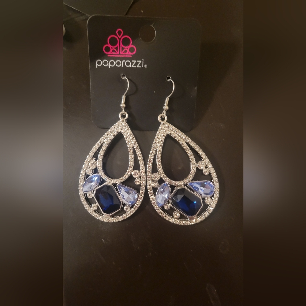 Paparazzi Silver Teardrop Earrings with Blue and Light Blue Gems